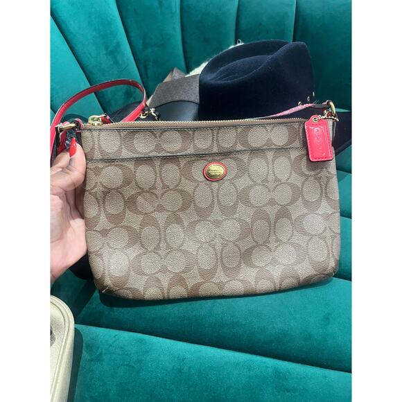 Coach Handbags - Coach Peyton Signature Crossbody Bag Tan Persimmon Leather Trim Adjustable Strap